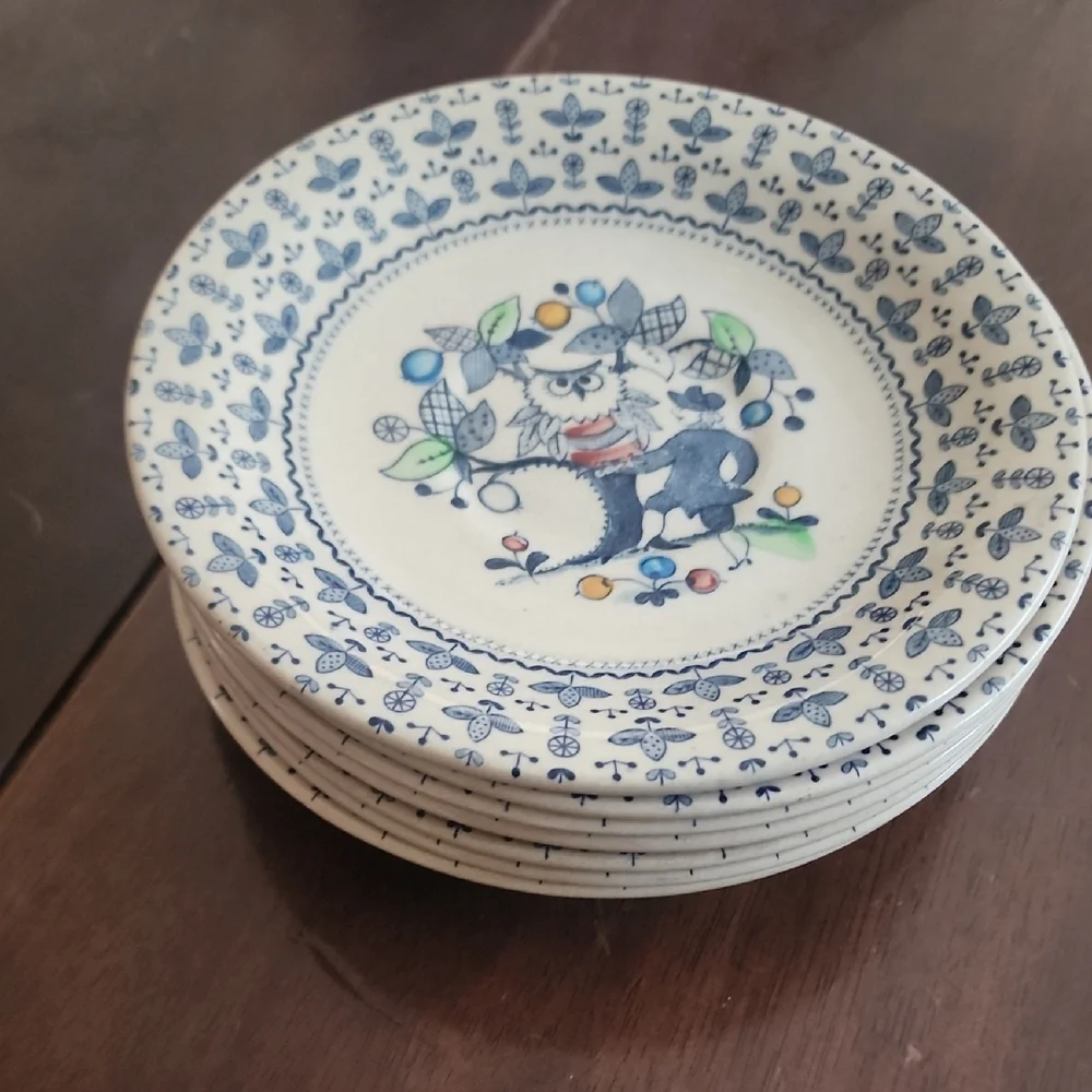 Sugar & Spice Owl Plates Set of 7 | 6” Vintage Folk Art Dessert Plates
